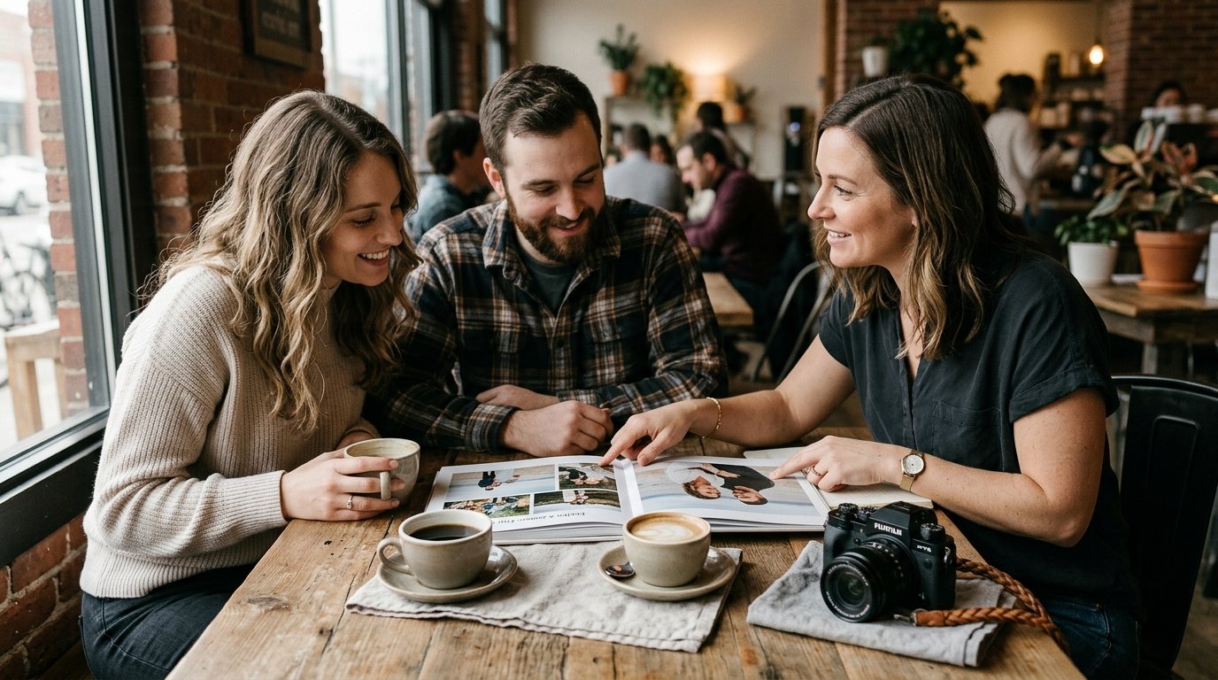 Erstes Gespräch mit Hochzeitsfotograf am Café-Tisch mit Portfolio